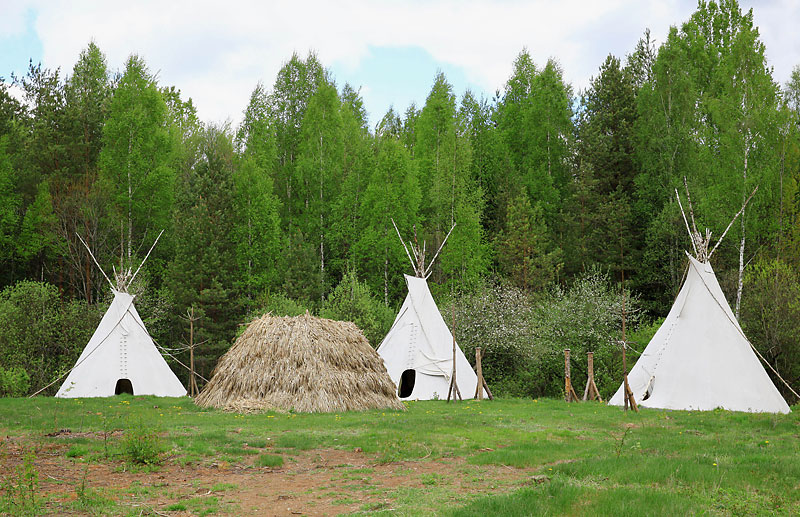 Stylized Indian huts is an attraction of the eco-agro tourist facility Utrina, Glubokoye District