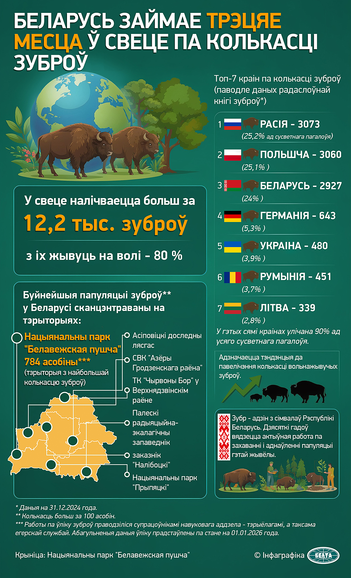 Беларусь займае трэцяе месца ў свеце па колькасці зуброў