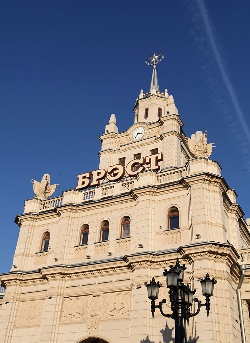 Famous tower of the railway station in Brest