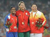 Oksana Menkova of Belarus takes the title in the Women’s Hammer Throw at the Olympic Games 2008