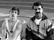 Gymnast Vitaly Shcherbo and his coach S. Shinkar at the Soviet Union artistic gymnastics championship