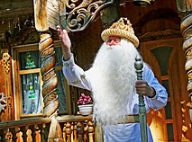 In the summer Father Frost receives visitors in the clothes made from flax and straw