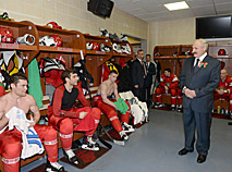 Alexander Lukashenko meets with Team Belarus on the opening day of the IIHF World Championship on 9 May 2014